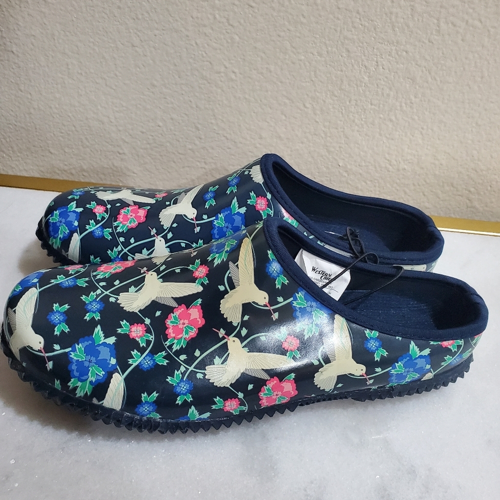 Western Chief Navy Blue Floral Bird Pattern Water Resistant Garden Clogs Women 9 - Picture 4 of 9